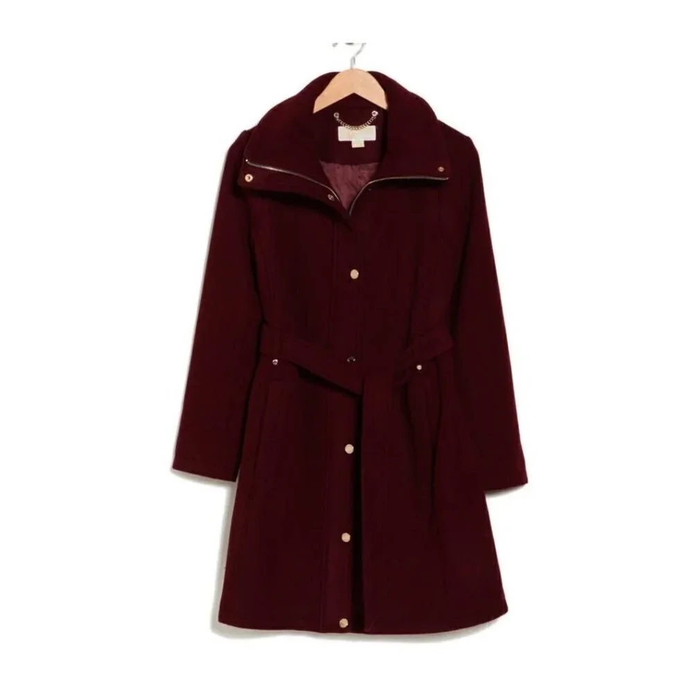 Michael Kors Womens Red Wine Full Zip Snap Belted Wool Blend Pea Coat Sz M New